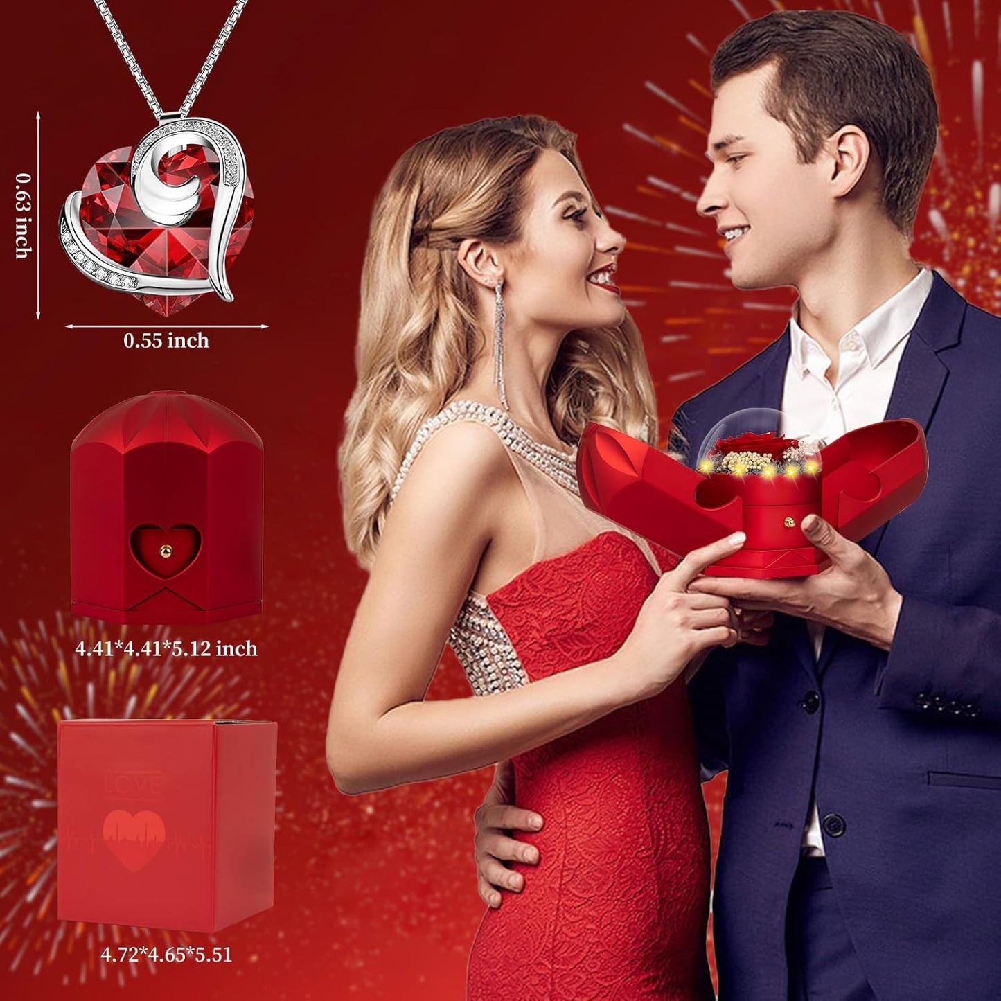 Preserved Real Red Rose with Necklace Forever Flowers Rose Birthday Gifts for Women Her Mom Wife Girlfriend Grandma on Valentines Mothers Day Sweetest Day Christmas Anniversary Romantic-Red