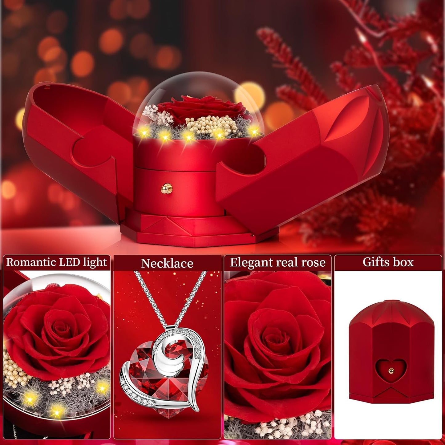 Preserved Real Red Rose with Necklace Forever Flowers Rose Birthday Gifts for Women Her Mom Wife Girlfriend Grandma on Valentines Mothers Day Sweetest Day Christmas Anniversary Romantic-Red