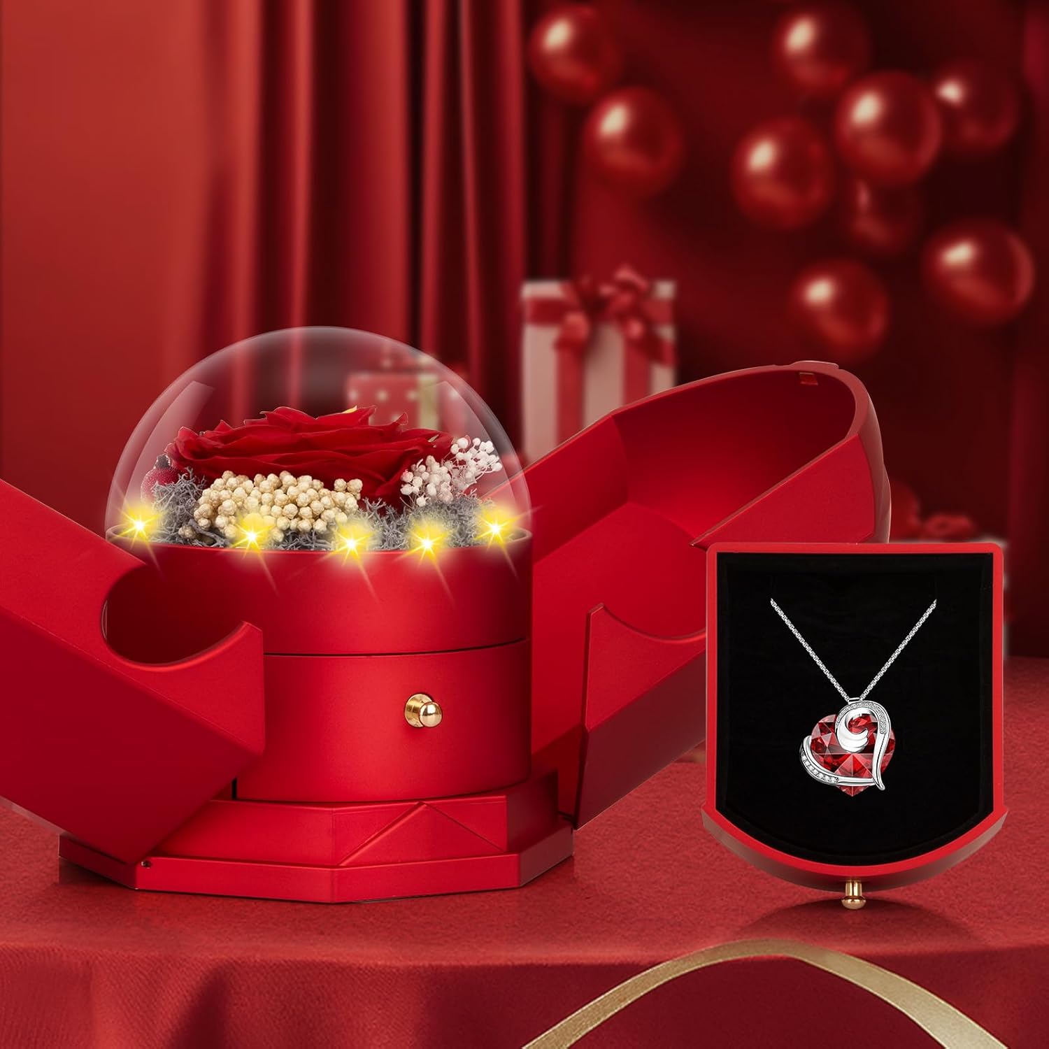 Preserved Real Red Rose with Necklace Forever Flowers Rose Birthday Gifts for Women Her Mom Wife Girlfriend Grandma on Valentines Mothers Day Sweetest Day Christmas Anniversary Romantic-Red